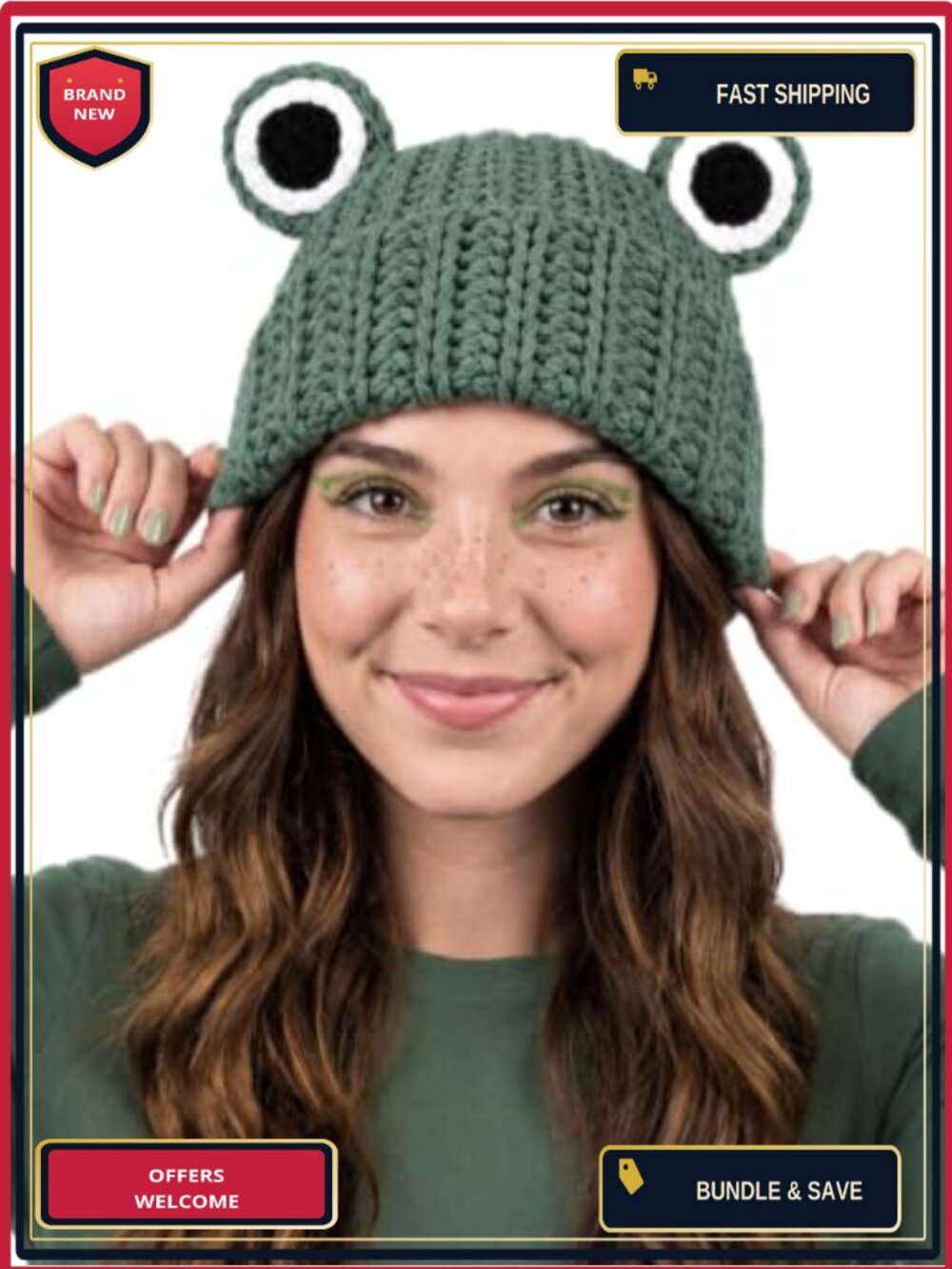 Hand Crocheted Frog Beanie Hat with Big Eyes Ear Flaps Adult Unisex Winter